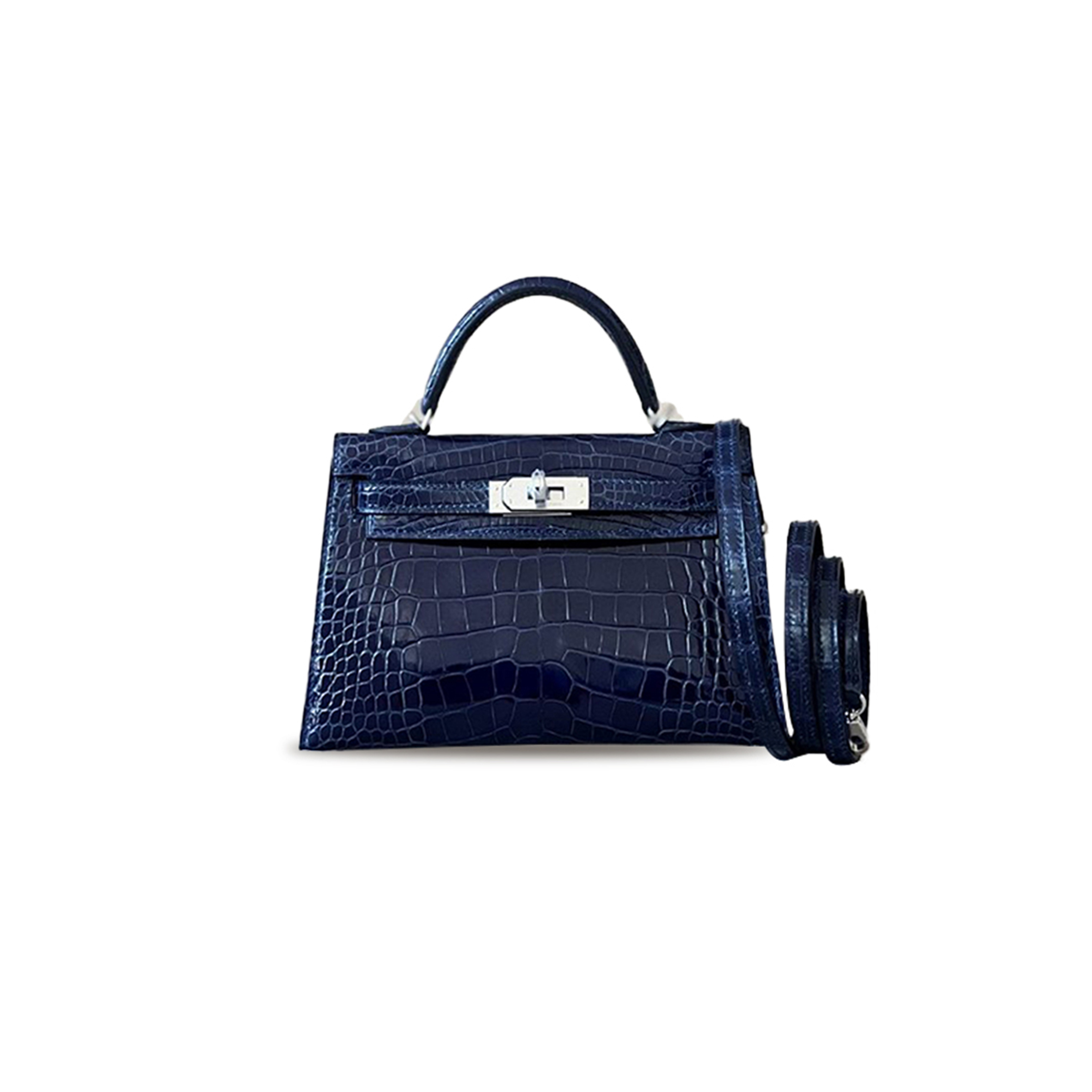 HERMÈS MASTER MINI KELLY II SELLIER BLEU SAPHIR SHINY ALLIGATOR PALLADIUM HARDWARE (19*12*5.5cm)